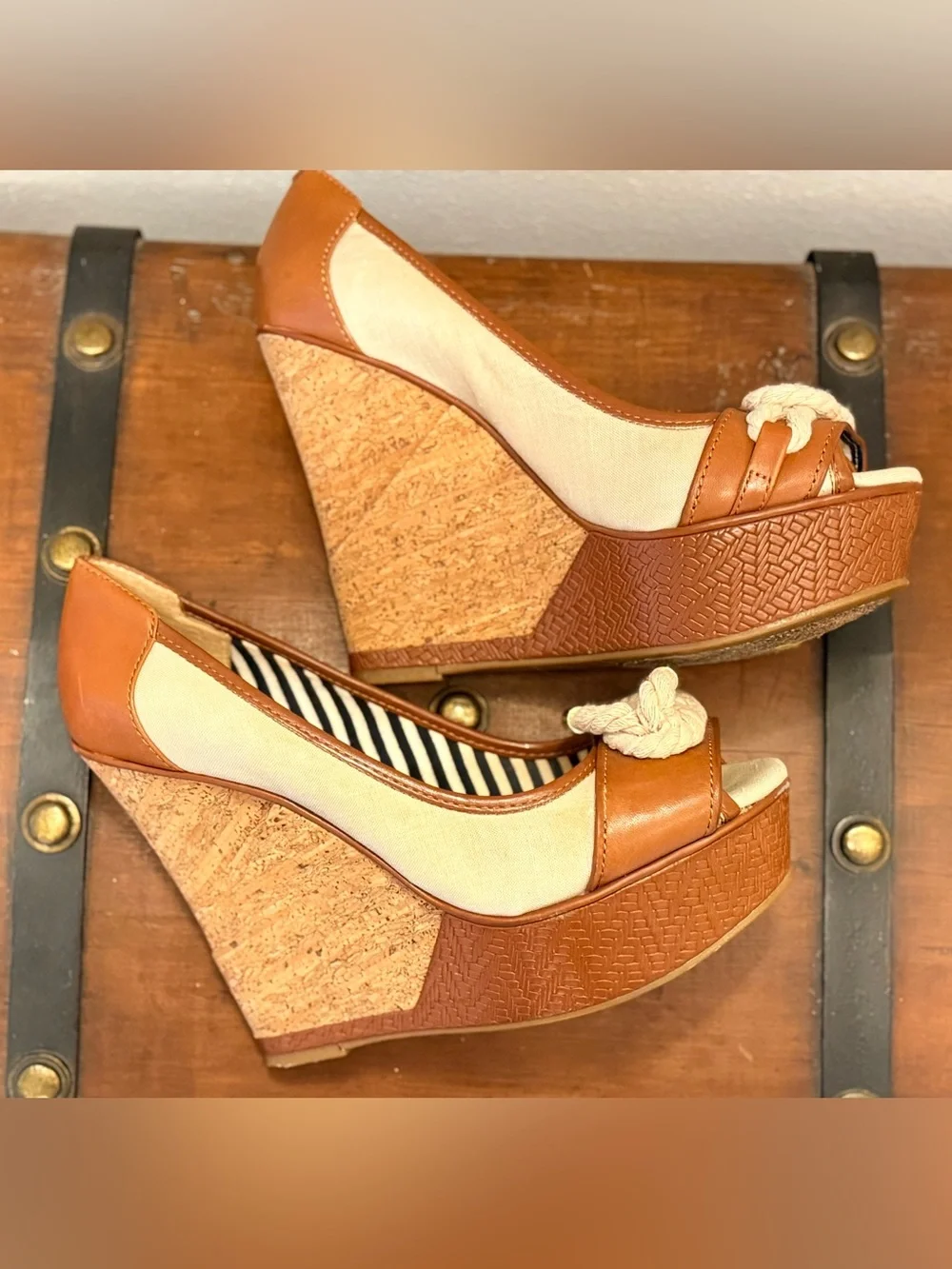 Gianni Bini Cream and Tan Peep-Toe Wedge Heels